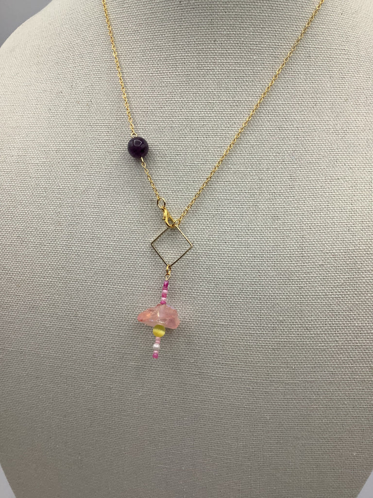 Handmade Peach Crystal Gemstone & Amethyst Artistic Necklace