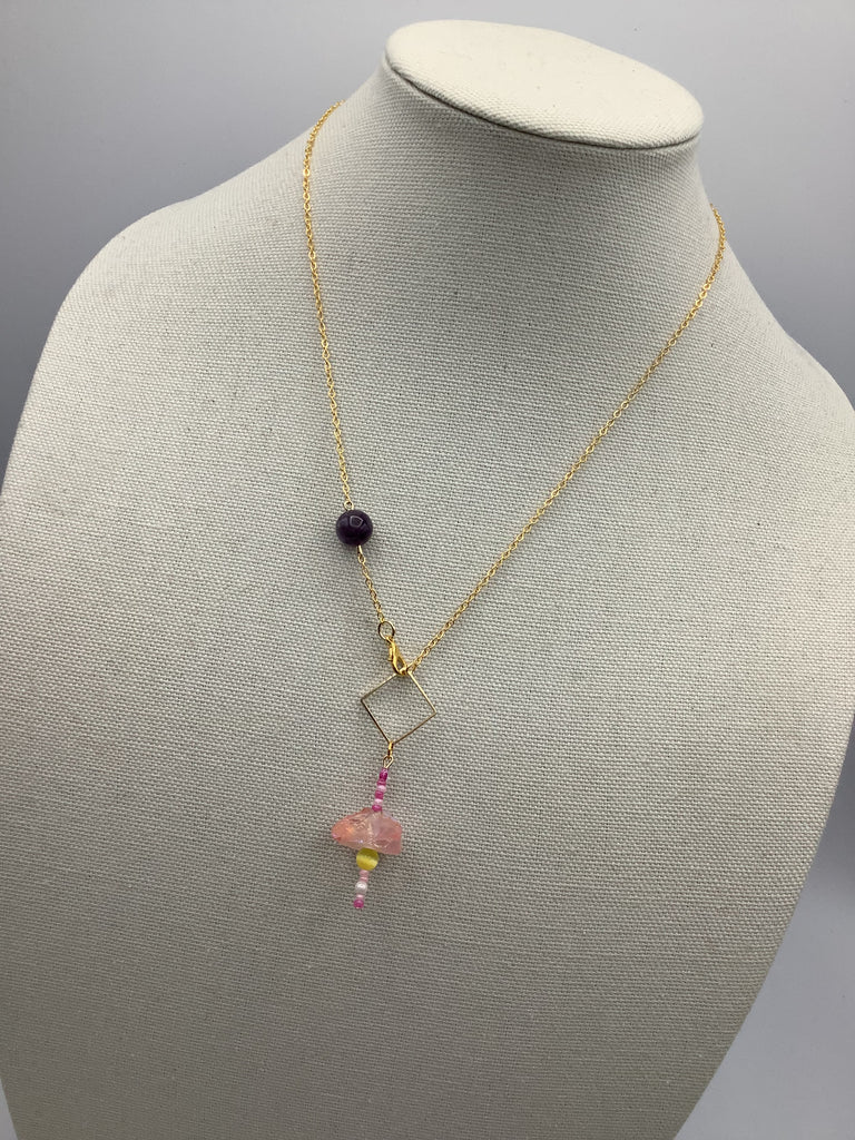 Handmade Peach Crystal Gemstone & Amethyst Artistic Necklace