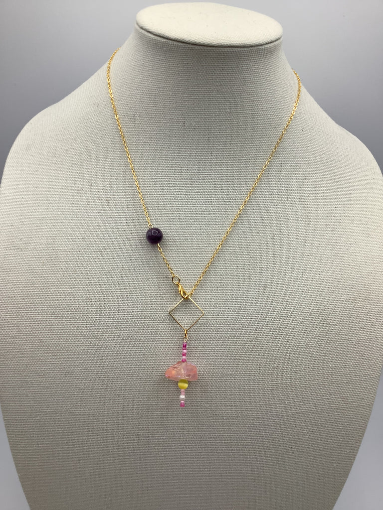 Handmade Peach Crystal Gemstone & Amethyst Artistic Necklace
