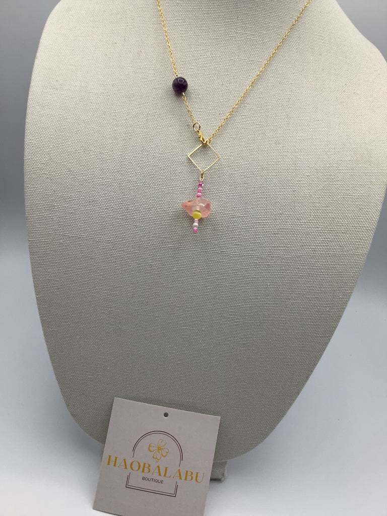 Handmade Peach Crystal Gemstone & Amethyst Artistic Necklace