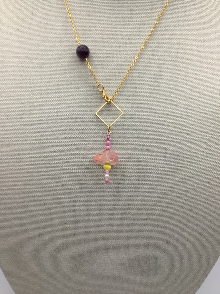 Handmade Peach Crystal Gemstone & Amethyst Artistic Necklace