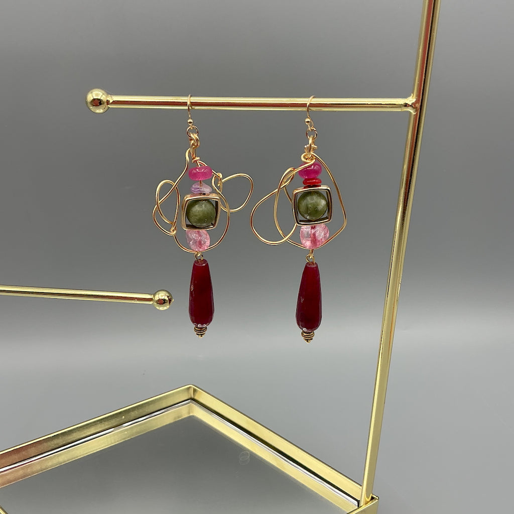 Jade, Chalcedony and Coral Earrings