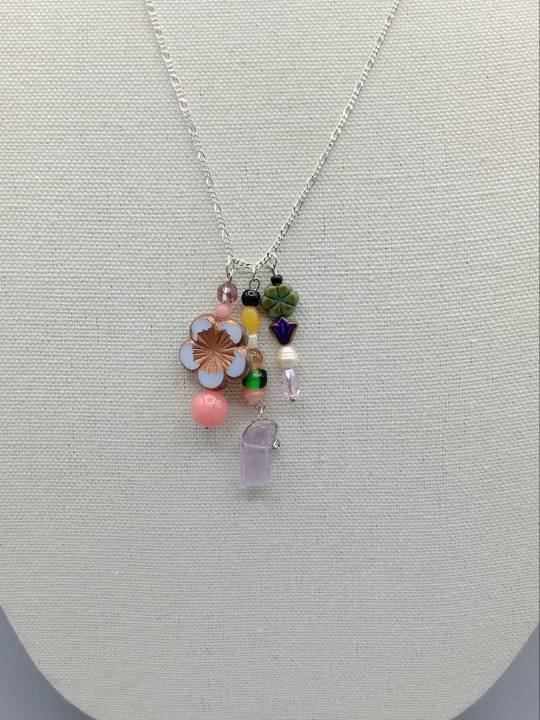 Floral Bead and Freshwater Pearl Sterling Silver Necklace