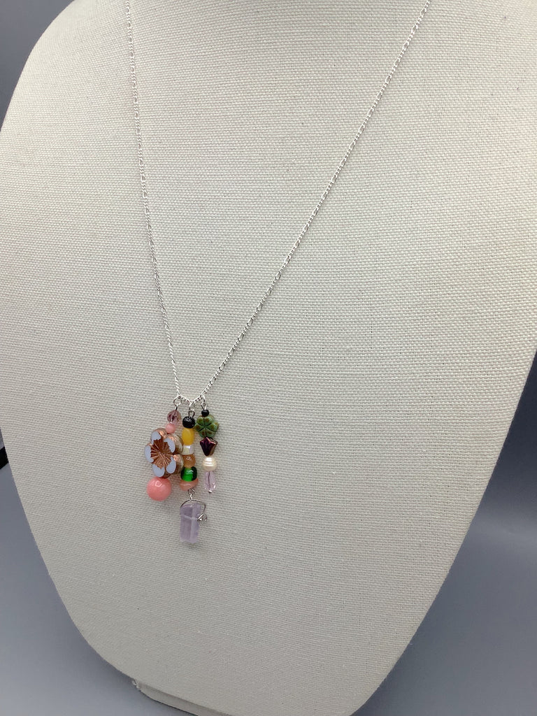 Floral Bead and Freshwater Pearl Sterling Silver Necklace