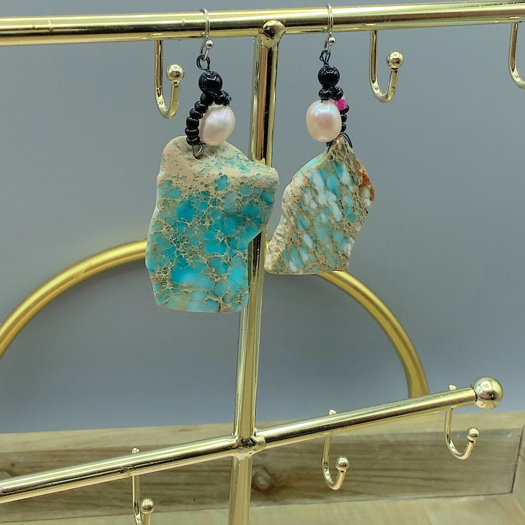 Blue Natural Stone and Pearl Earrings