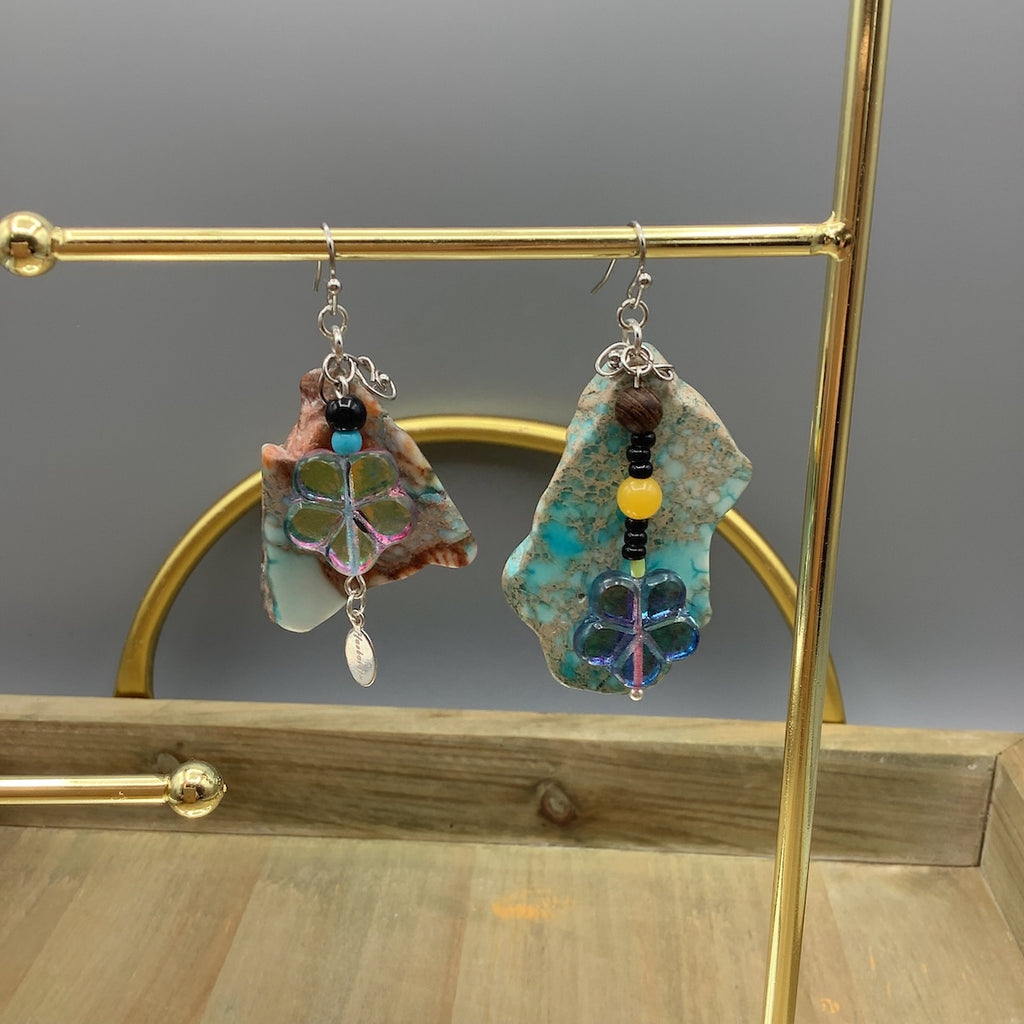 Floral Charm and Natural Blue Stone Earrings