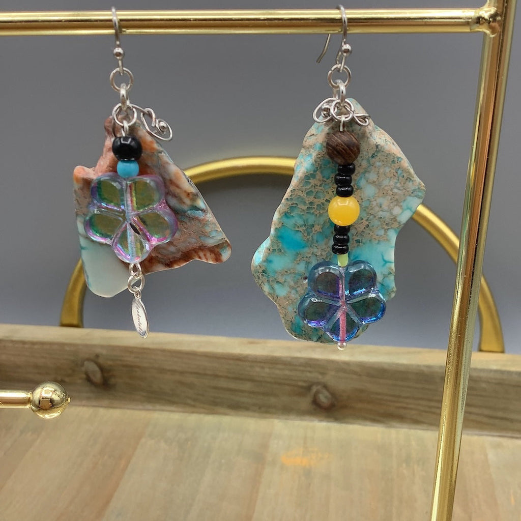 Floral Charm and Natural Blue Stone Earrings
