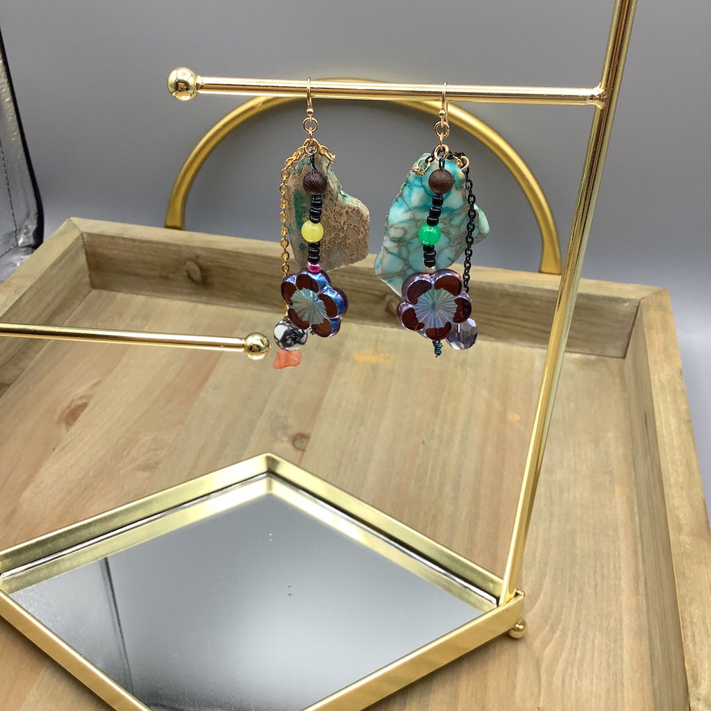 Yin Yang Natural Stone and Floral Charm Earrings