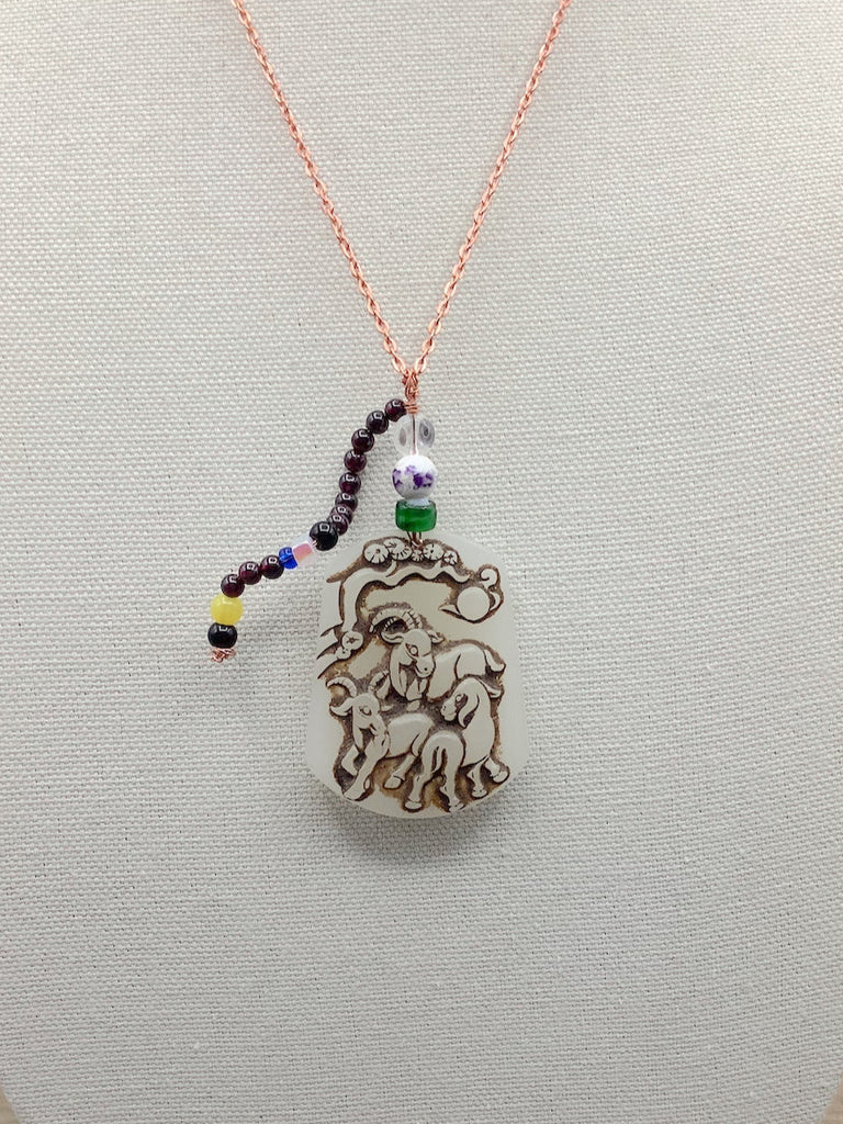 Garnet Bead and Pastoral Scene Pendant Necklace