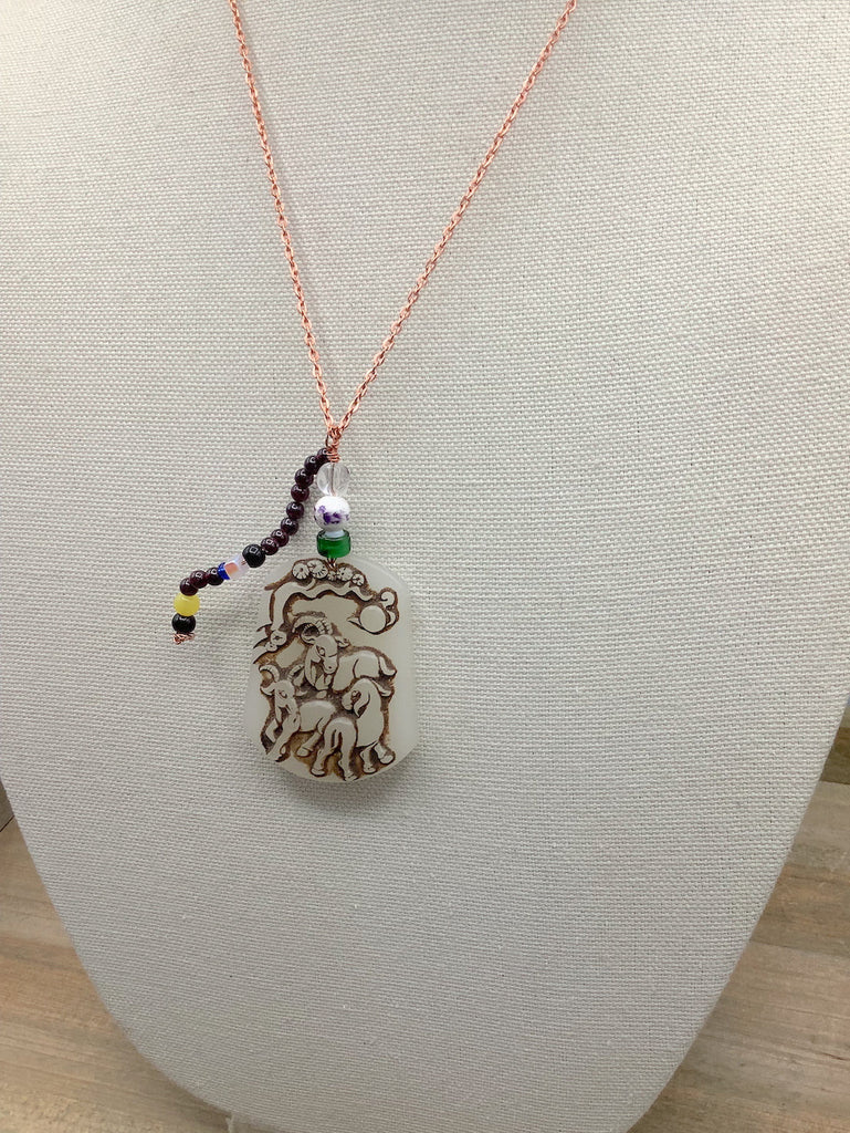Garnet Bead and Pastoral Scene Pendant Necklace