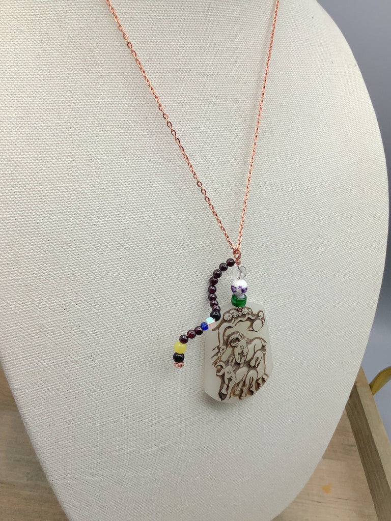 Garnet Bead and Pastoral Scene Pendant Necklace