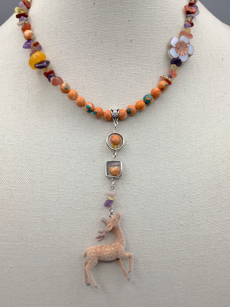 Orange Ombré, Floral Bead and Deer Pendant Necklace