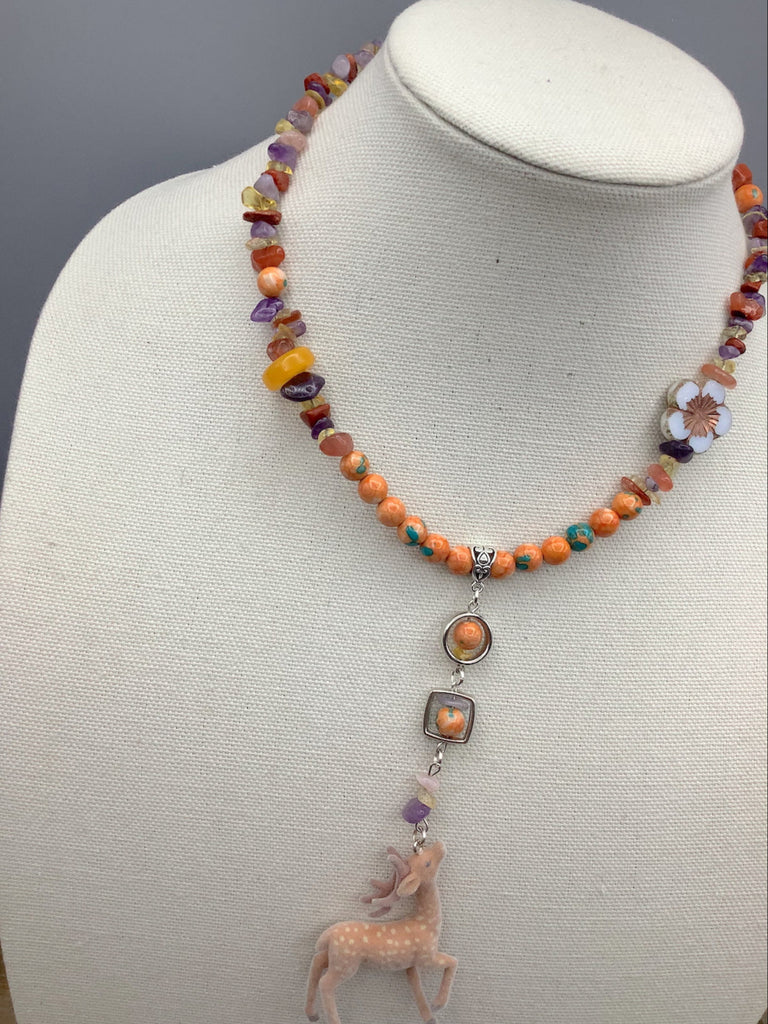 Orange Ombré, Floral Bead and Deer Pendant Necklace