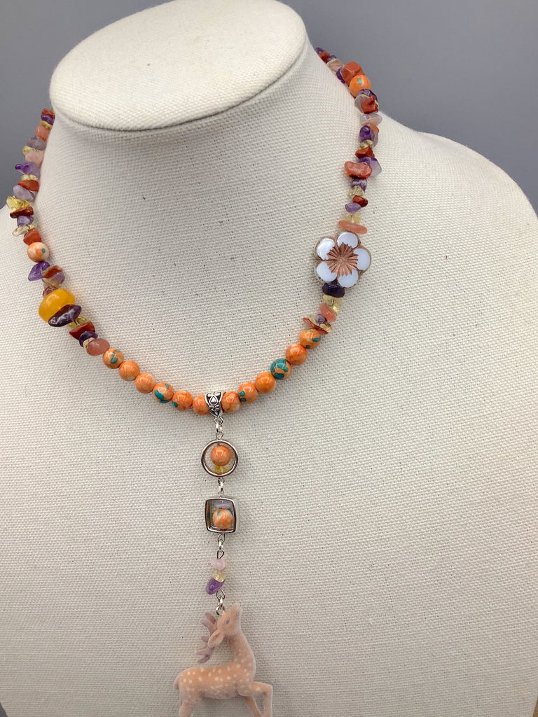 Orange Ombré, Floral Bead and Deer Pendant Necklace