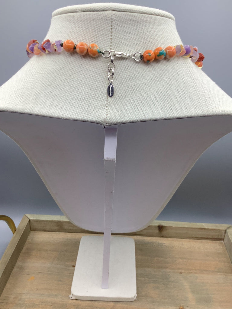 Orange Ombré, Floral Bead and Deer Pendant Necklace