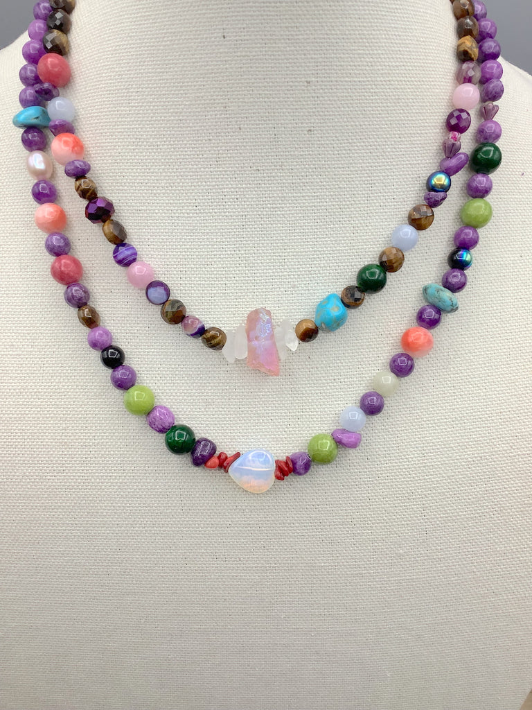 Freshwater Pearl, Quartz, Turquoise and Glass Bead Double Chain Necklace