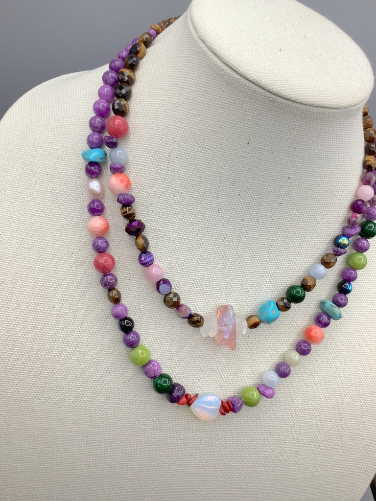 Freshwater Pearl, Quartz, Turquoise and Glass Bead Double Chain Necklace
