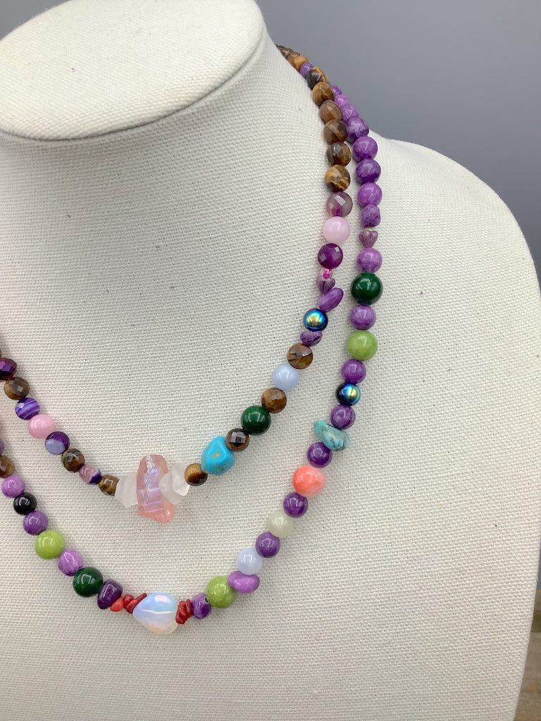 Freshwater Pearl, Quartz, Turquoise and Glass Bead Double Chain Necklace