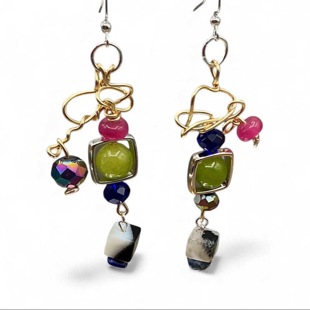 Peridot, Chalcedony and Onyx Earrings