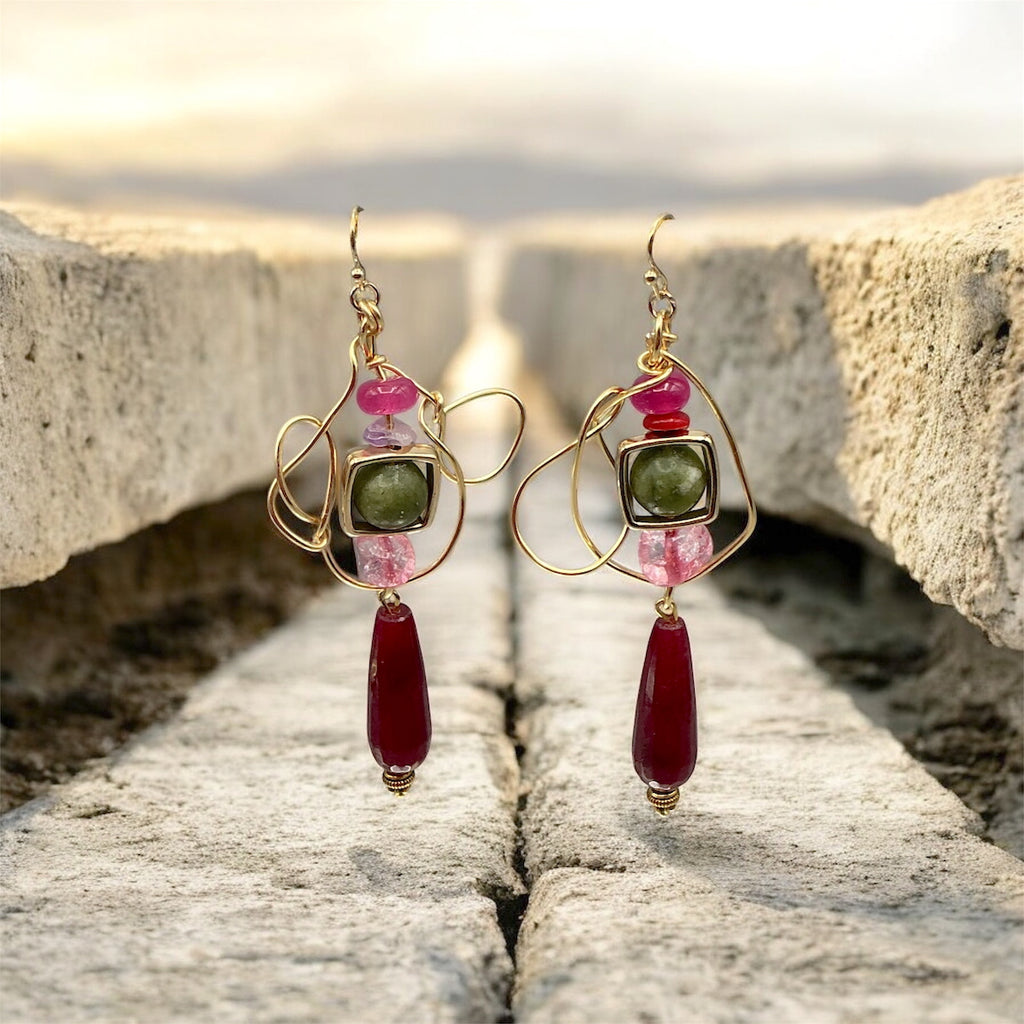 Jade, Chalcedony and Coral Earrings
