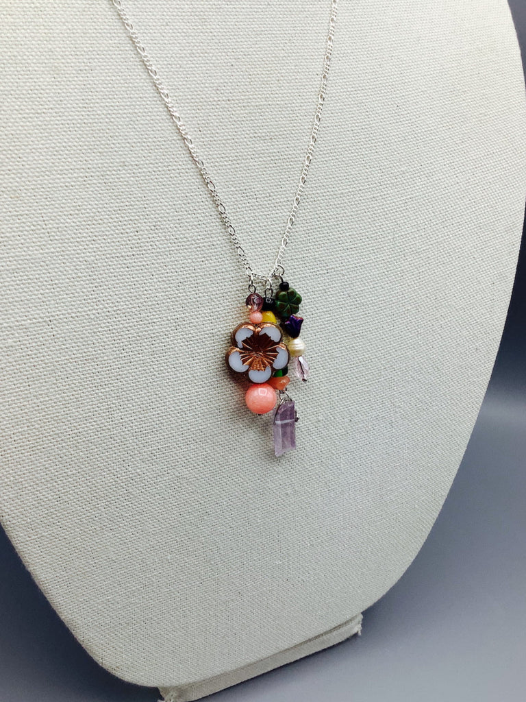Floral Bead and Freshwater Pearl Sterling Silver Necklace